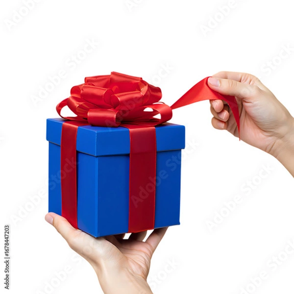 Fototapeta Png 3d illustration of hand unwrapping a blue gift box with red ribbon isolated on transparent background transparent background