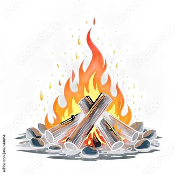 Fototapeta Png 3d illustration of a cozy campfire with burning logs surrounded by rocks on a transparent background transparent background
