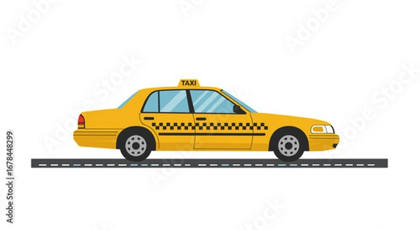 Fototapeta Yellow taxi cab on roadside with checkered pattern and taxi sign