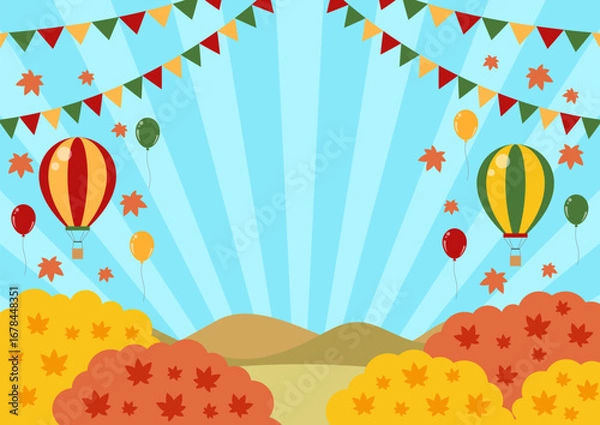 Obraz 秋レジャー背景、横、気球、かわいい、イラスト、集中線
