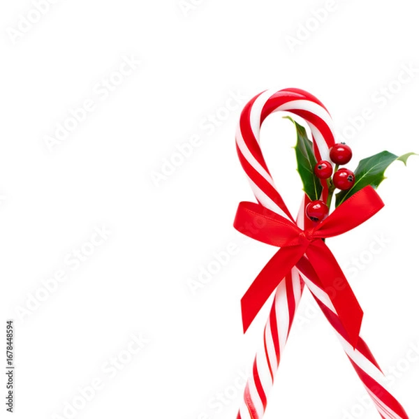 Fototapeta Png 3d illustration of festive candy canes with red ribbon and holly isolated on transparent background transparent background