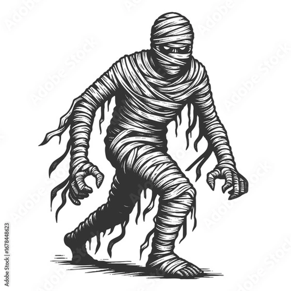 Fototapeta creepy mummy monster covered in tattered bandages, walking forward in a frightening Halloween theme sketch engraving generative ai vector illustration. Scratch board imitation. Black and white image.