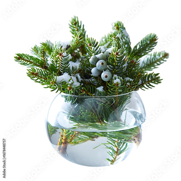 Fototapeta Png 3d illustration of evergreen branches with snow and berries in a glass vase on transparent background transparent background