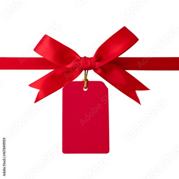 Fototapeta Png 3d illustration of red ribbon and gift tag isolated on transparent background, perfect for presents transparent background