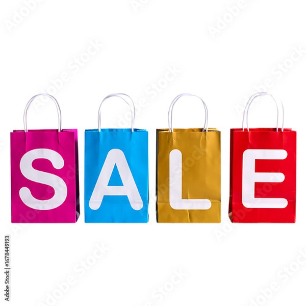 Fototapeta Png 3d illustration of colorful shopping bags spelling the word sale isolated on transparent background transparent background