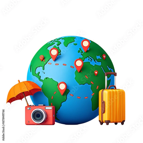 Fototapeta Png 3d illustration of travel the world with camera, umbrella, and suitcase isolated on transparent background transparent background