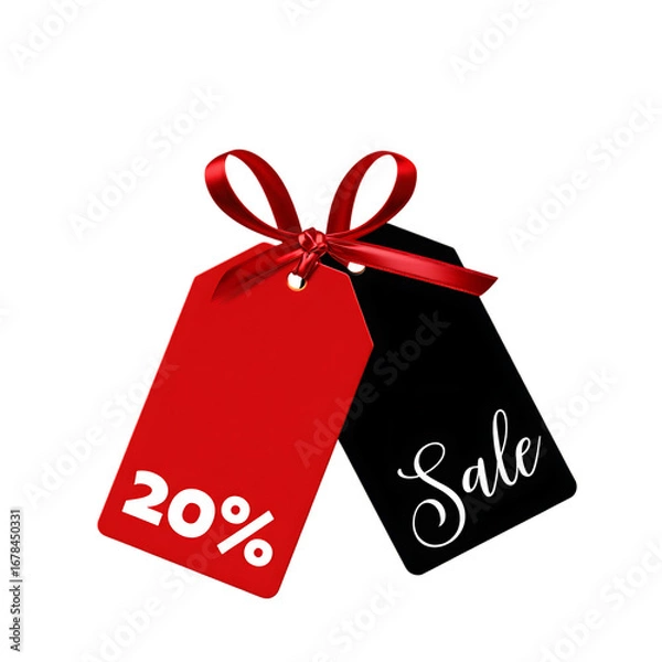 Fototapeta Png 3d illustration of sale tag with 20 discount and a red ribbon isolated on transparent background transparent background