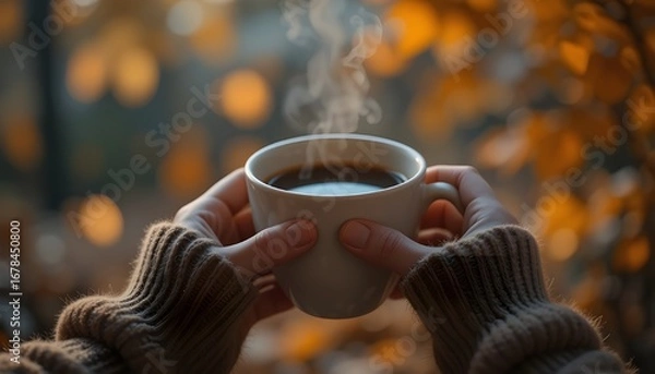 Fototapeta Cozy sweater and steaming hot coffee embrace autumn's charm, perfect for fall vibes and seasonal comfort