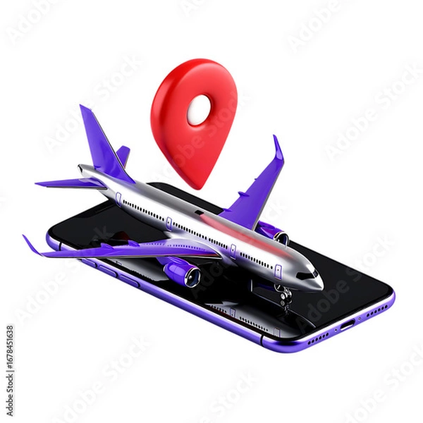 Fototapeta Png 3d illustration of airplane on mobile phone with location pin isolated on transparent background, travel planning transparent background