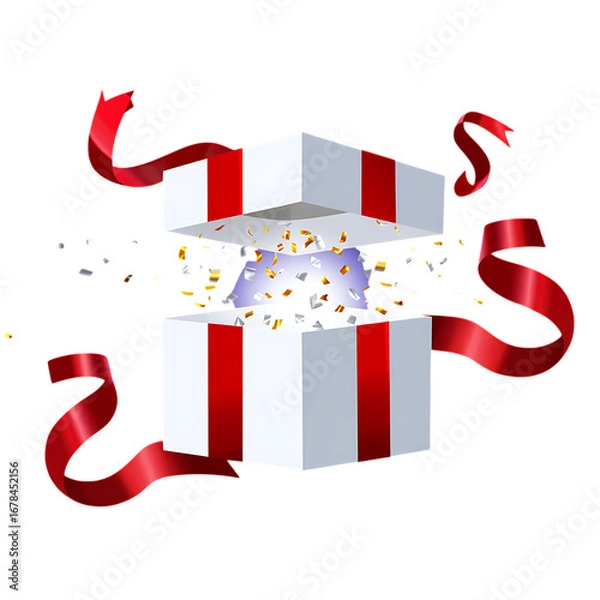 Fototapeta Png 3d illustration of open gift box with ribbons and confetti isolated on transparent background transparent background