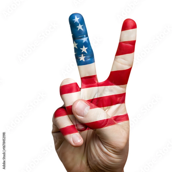 Fototapeta Png 3d illustration of hand making peace sign with american flag isolated on transparent background transparent background