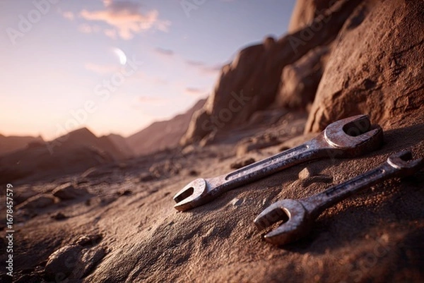 Obraz Rusty wrenches on desert rocks at sunrise