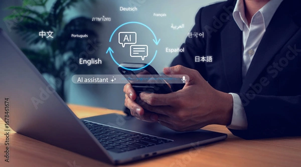 Fototapeta Businessman using smartphone with AI language assistant interface in multiple languages, representing real-time AI translation, communication technology, and multilingual interaction.