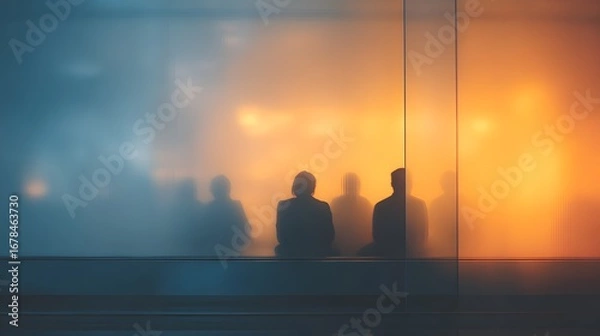 Fototapeta Blur Interior Startup pitch lounge shot from behind a semi-transparent LED backdrop showing ghosted investor silhouettes, warm golden and cool blue palette