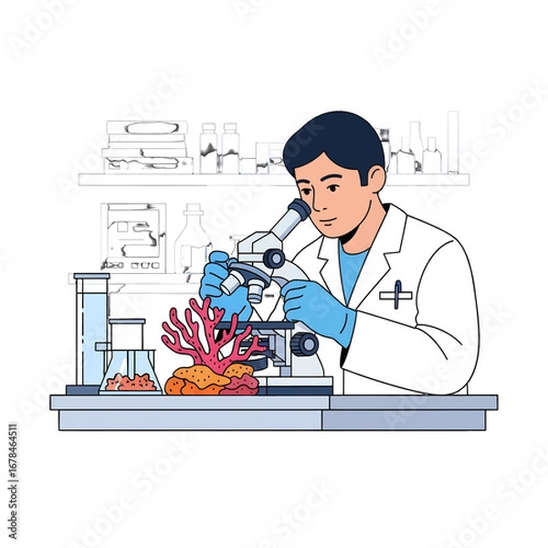 Fototapeta Scientist in White Coat Examining Coral Under Microscope in Laboratory Setting with Glassware and Medical Equipment for Marine Biology Research