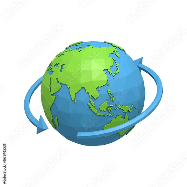 Fototapeta Geometric Style Globe with Light Blue Arrows Illustrating Global Rotation on White Background