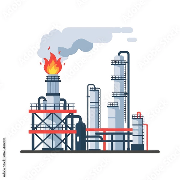 Fototapeta Industrial Oil Refinery Plant with Fire Smoke in Gray and Red Color Scheme Under White Background