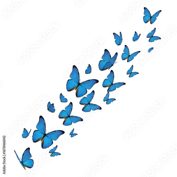 Fototapeta Group of Blue Butterflies Flying on White Background Creating Swarm Pattern