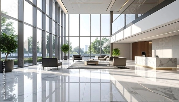 Obraz Bright Office Lobby with Glass Facade and Comfortable Reception Seating
