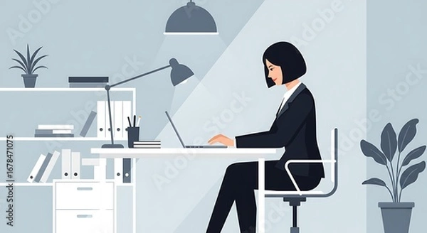 Fototapeta A professional woman sits at a desk in a modern office, working on a laptop computer, highlighting a minimalist and calm workspace.