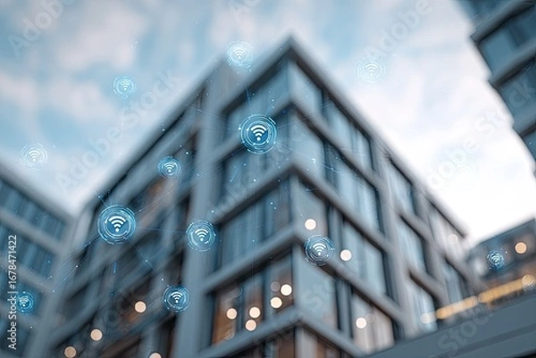Fototapeta Modern buildings connected by a network of wireless signals