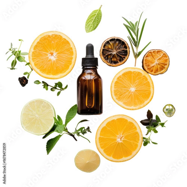 Obraz Citrus and herbs arrangement with a bottle