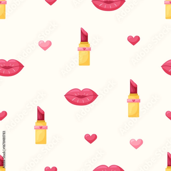 Fototapeta Seamless pattern with lipstick and red lips on beige background. March 8 Women's Day. Vector illustration.