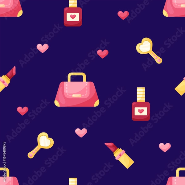Fototapeta Seamless pattern with ladies bag and lipstick on dark background. March 8 Women's Day. Vector illustration.