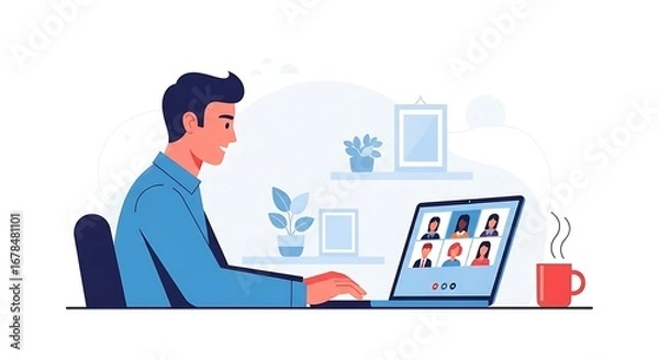 Fototapeta A person participates in a virtual meeting on a laptop, surrounded by home office details.