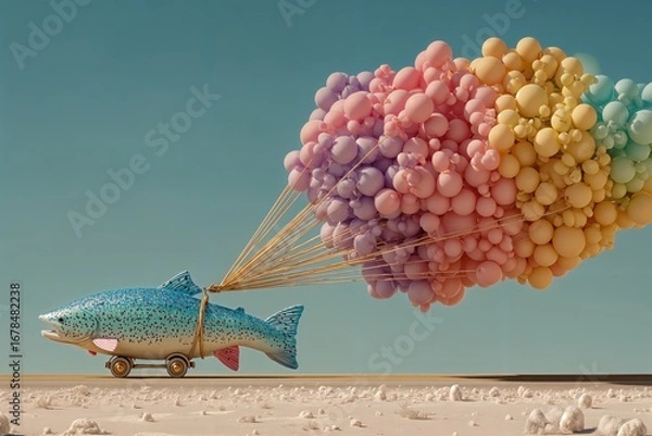Fototapeta Un salmón con ruedas transporta un enorme racimo de globos de colores a través de un paisaje desértico.