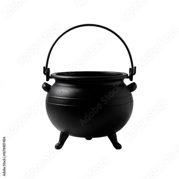 Fototapeta A black cauldron with a handle, standing on three legs against a transparent background. Suitable for spooky Halloween themes and holiday crafts.