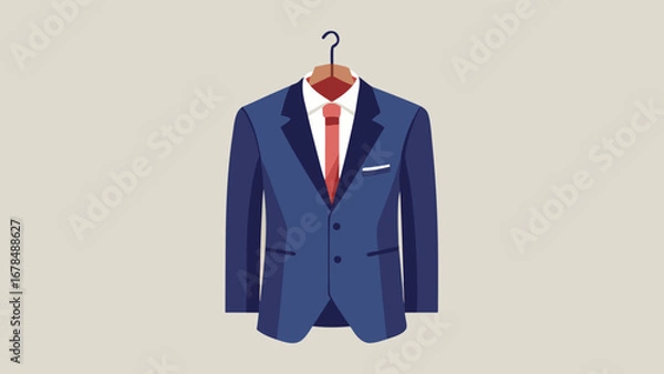 Fototapeta A blue suit jacket hanging on a hanger. The jacket is made of a dark blue material and has a collar. The jacket is hanging on a brown background