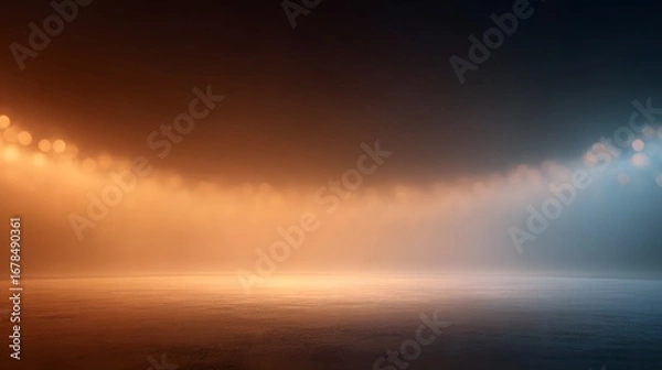 Fototapeta Blur interior Pitch arena captured from the interior of a floating promotional drone camera array, warm amber and neon-blue palette