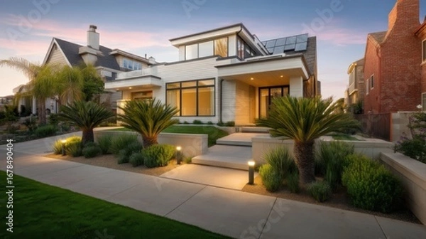 Fototapeta Modern two story residential house at twilight with palm trees, shrubs, and sidewalks leading to entrance,