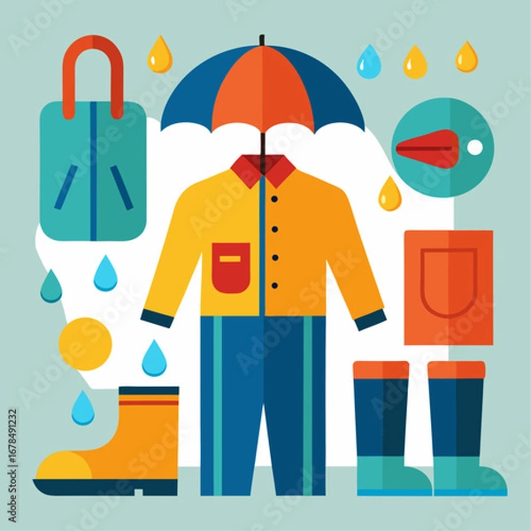 Fototapeta A colorful illustration of clothing and accessories, including a yellow jacket, blue pants, and orange boots, with a blue umbrella and a red bag. Scene is cheerful and playful, with the bright colors