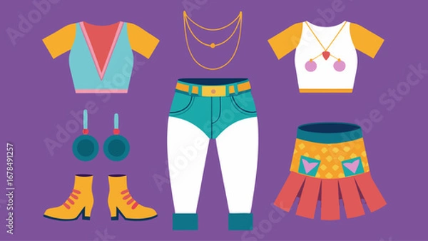 Fototapeta A collection of clothing items, including a skirt, a pair of pants, and a vest. The clothing is colorful and has a retro vibe