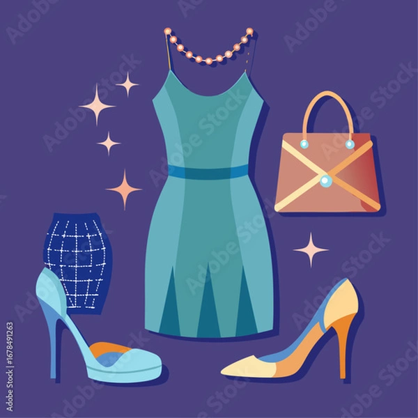 Fototapeta A blue dress, a pair of shoes, and a purse are displayed on a purple background. The dress is a little bit long and the shoes are high. The purse is brown and has a gold design