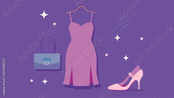 Fototapeta A blue dress, a pair of shoes, and a purse are displayed on a purple background. The dress is a little bit long and the shoes are high. The purse is brown and has a gold design