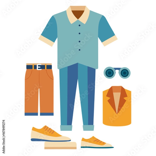 Fototapeta A man's outfit is shown with a tie, pants, shirt, and shoes. The outfit is casual and comfortable, with a focus on the shoes. Concept of style and confidence
