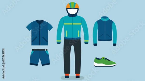 Fototapeta A blue jacket, blue pants, and blue shoes are shown on a yellow background. The outfit is designed for winter sports and is meant to be worn by a person who enjoys skiing or snowboarding