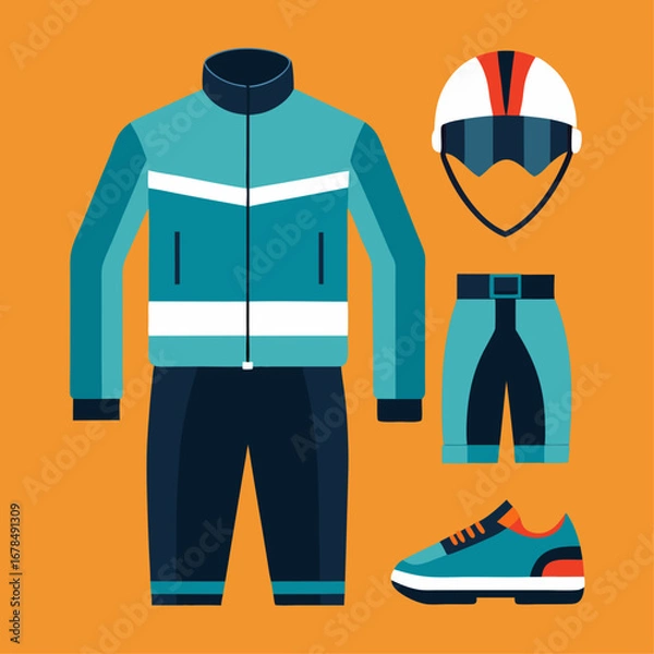 Fototapeta A blue jacket, blue pants, and blue shoes are shown on a yellow background. The outfit is designed for winter sports and is meant to be worn by a person who enjoys skiing or snowboarding