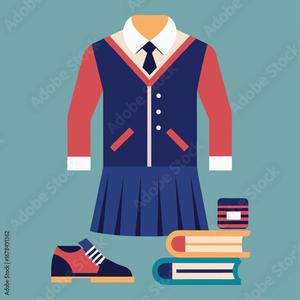 Fototapeta A school girl's outfit is shown with a book and a shoe. The outfit is a blue dress with a red vest and a blue tie. The book is a stack of books and the shoe is a black shoe