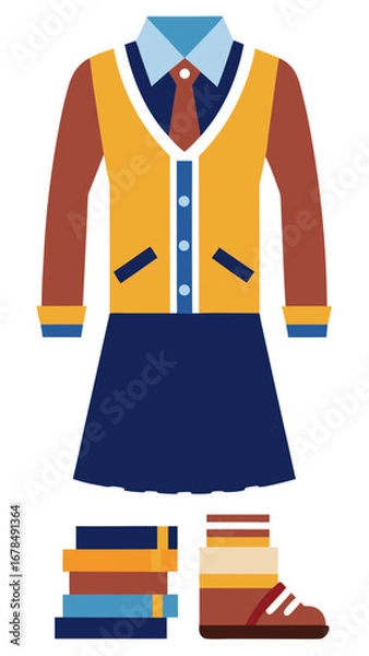 Fototapeta A school girl's outfit is shown with a book and a shoe. The outfit is a blue dress with a red vest and a blue tie. The book is a stack of books and the shoe is a black shoe