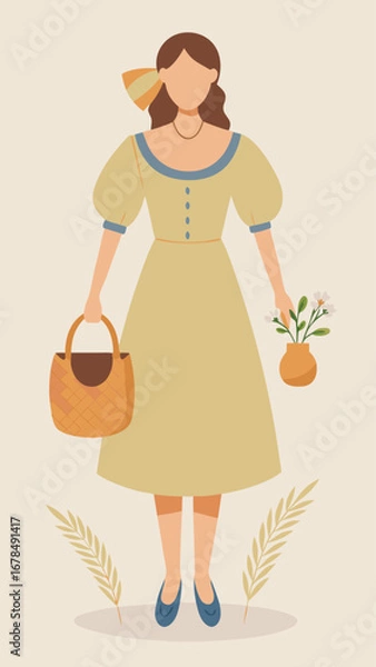 Fototapeta A woman's outfit and accessories are shown in a drawing, including a purse, shoes, and a dress. The drawing has a whimsical and playful feel to it, with the flowers and leaves surrounding the outfit