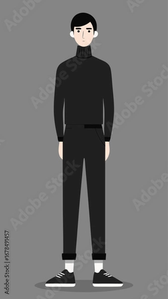 Fototapeta A man in a black sweater and black pants stands in front of a gray background. He has a serious expression on his face