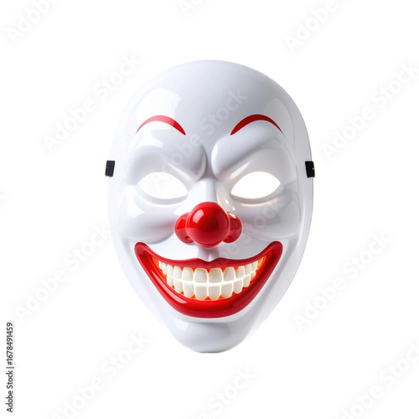Fototapeta A classic clown face with a white mask, red paint accents, and a large smiling expression on a transparent background. Ideal for Halloween party invitations and seasonal graphics.