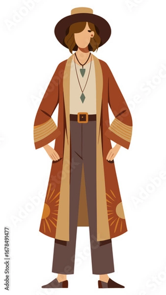 Fototapeta A woman wearing a hat and a long coat stands in front of a color palette. The colors on the palette are arranged in a gradient, from light to dark