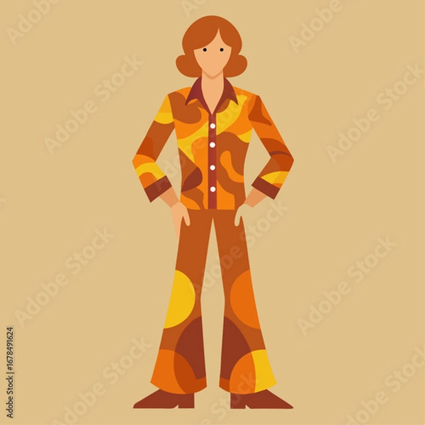 Fototapeta A man in a colorful outfit stands with his arms crossed. The outfit is orange and has a pattern of circles
