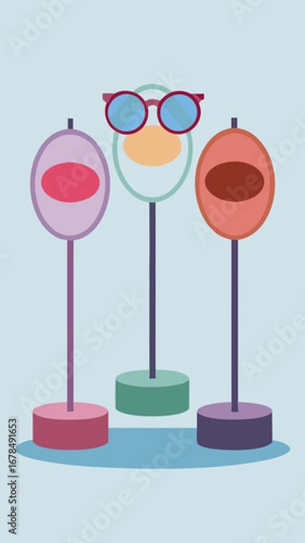 Fototapeta Three glasses with different colors and sizes are standing on a blue background. The glasses are arranged in a row, with the tallest one on the left, the middle one in the middle