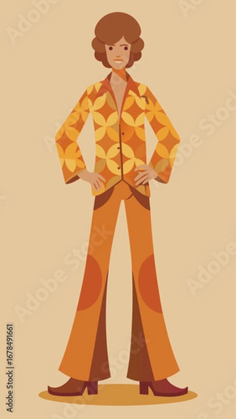 Fototapeta A man in a colorful outfit stands with his arms crossed. The outfit is orange and has a pattern of circles